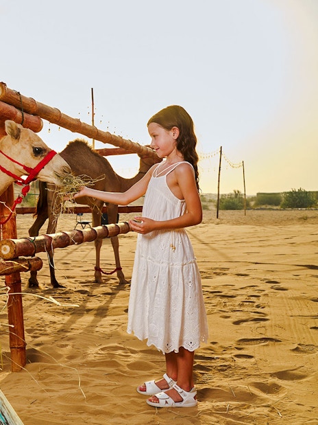 Girl feeding camel at Noble Camp Desert Safari.