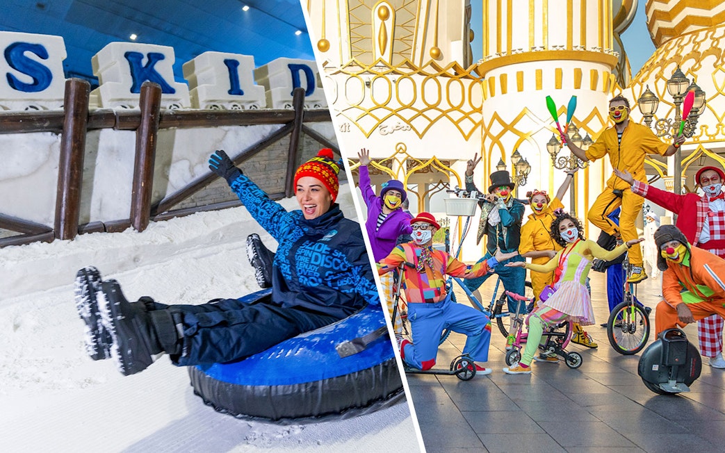 Visitors tubing at Ski Dubai indoor snow park, Dubai, UAE.