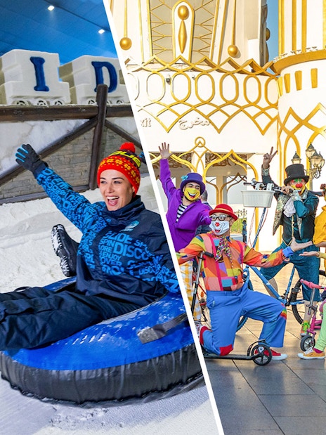 Visitors tubing at Ski Dubai indoor snow park, Dubai, UAE.