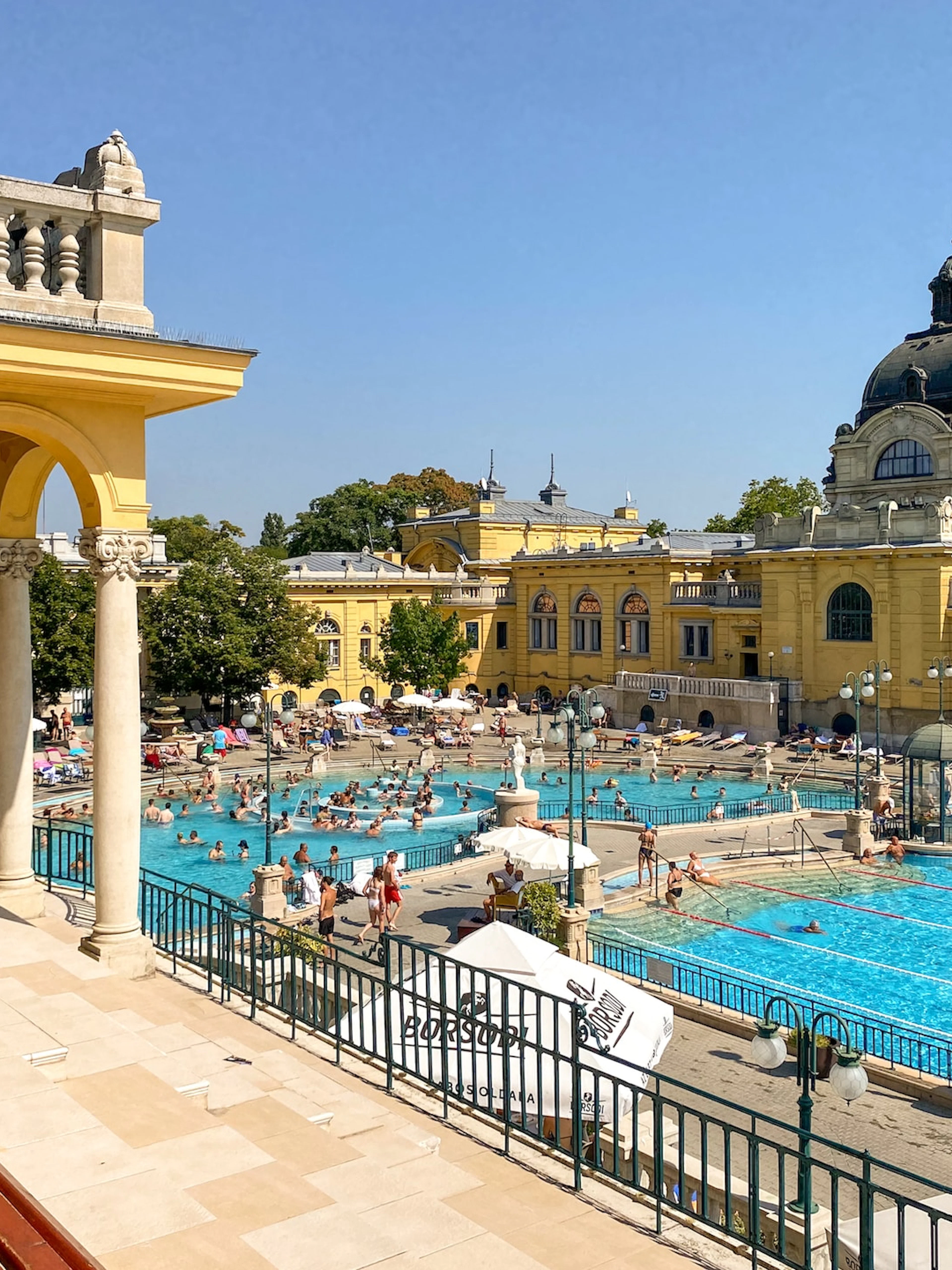 Szechenyi Baths outdoor pools with historic architecture in Budapest, Hungary.