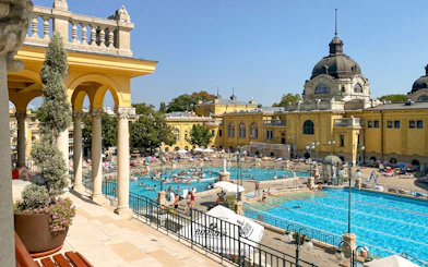 Szechenyi Baths outdoor pools with historic architecture in Budapest, Hungary.