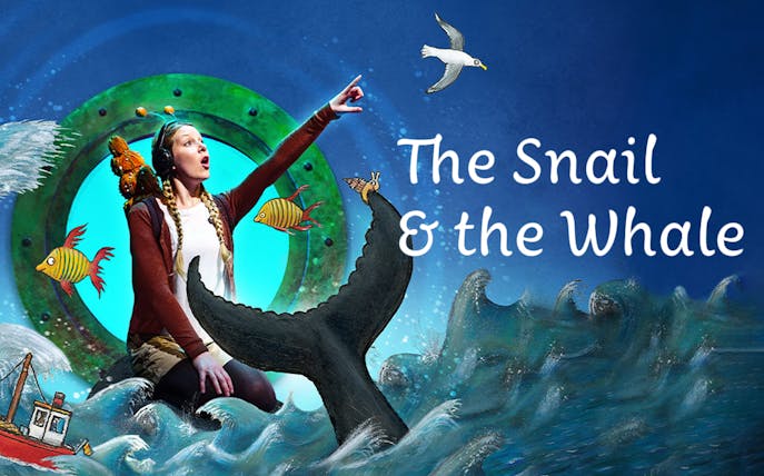 Young woman pointing with animated sea creatures and whale tail, "The Snail and the Whale" text.