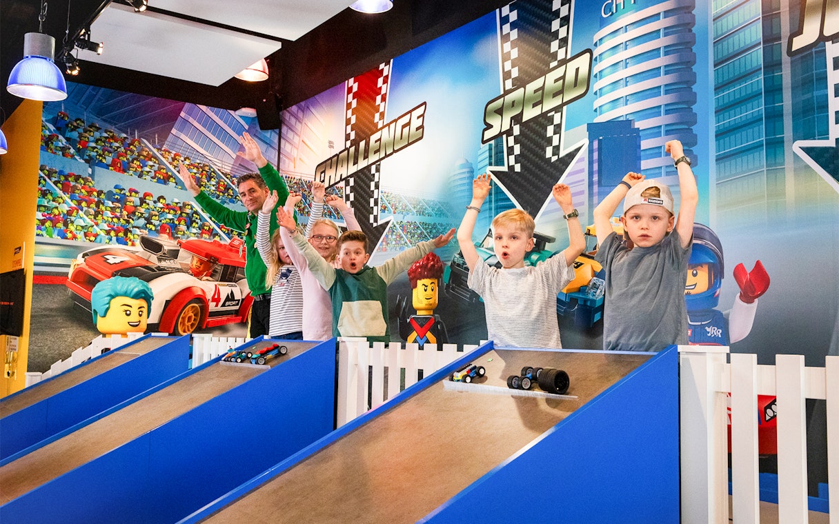 Kids racing Lego cars at LEGOLAND Discovery Centre Oberhausen.