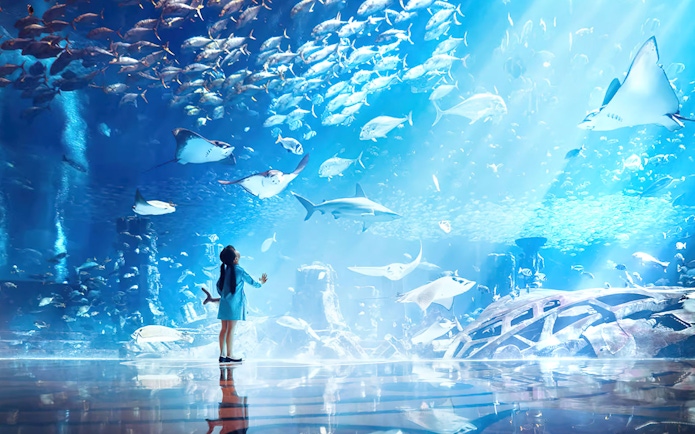 Child observing marine life at The Lost Chambers Aquarium.