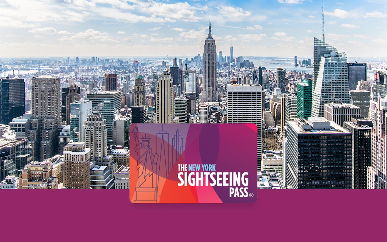 New York City skyline with SightSeeing Flex Pass card in foreground.