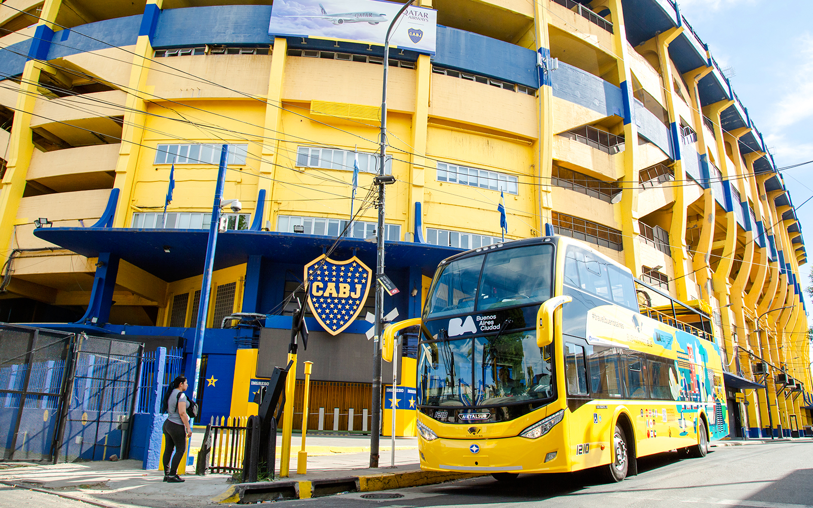 Double-decker bus in front of La Bombonera stadium, Buenos Aires.