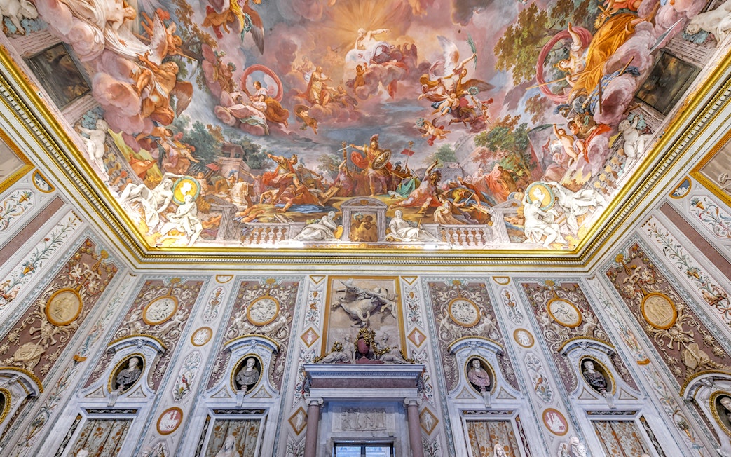 Borghese Gallery ceiling frescoes depicting mythological scenes in Rome, Italy.