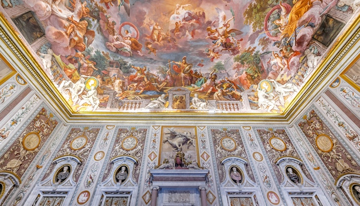 Borghese Gallery ceiling frescoes depicting mythological scenes in Rome, Italy.