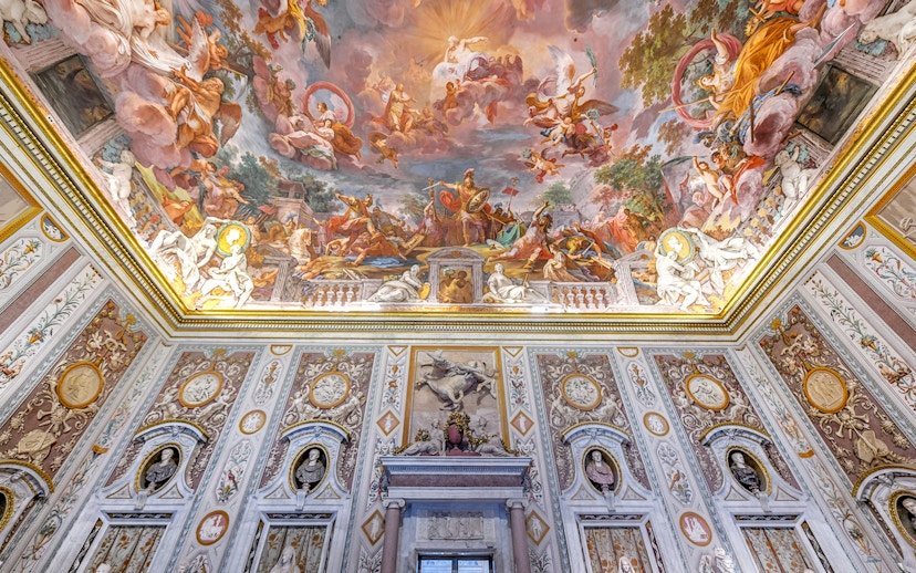 Borghese Gallery ceiling frescoes depicting mythological scenes in Rome, Italy.