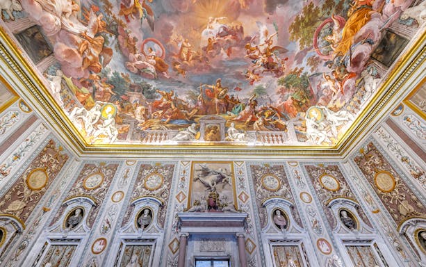 Borghese Gallery ceiling frescoes depicting mythological scenes in Rome, Italy.