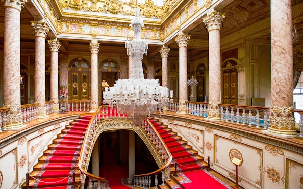 Crystal staircase and chandelier in the Ceremonial Hall, Dolmabahçe Palace, Istanbul.