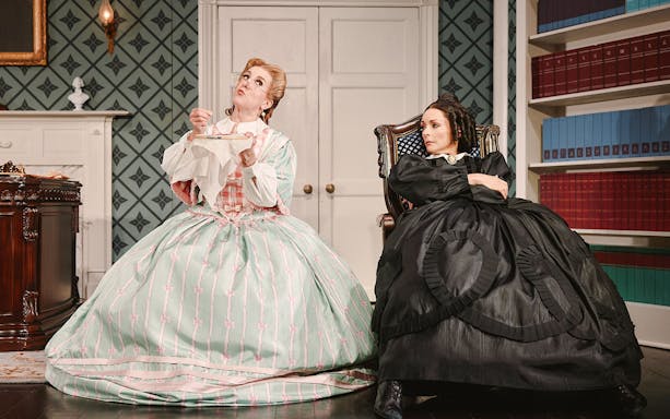 Two actors in period costumes performing a scene from the Broadway show "Oh, Mary!