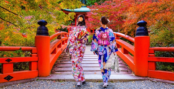 Women in kimonos crossing a red bridge with autumn maple trees, Kyoto, Japan.