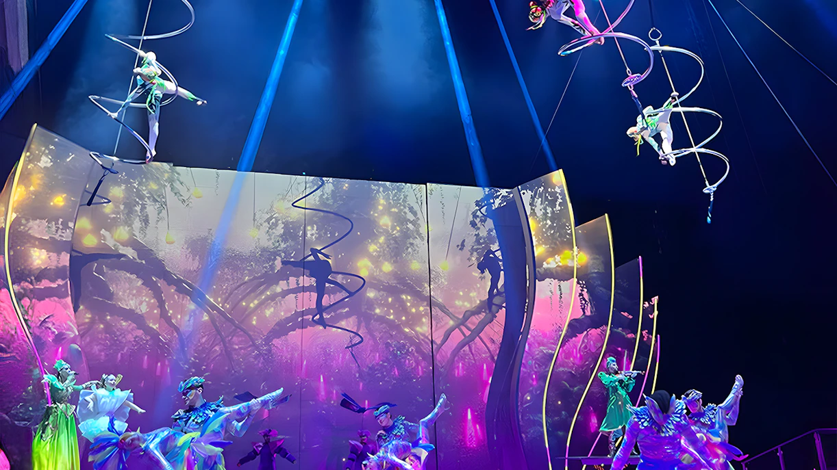 Acrobats performing aerial stunts at Pluma Show Circus in Dubai by Cirque Du Liban.