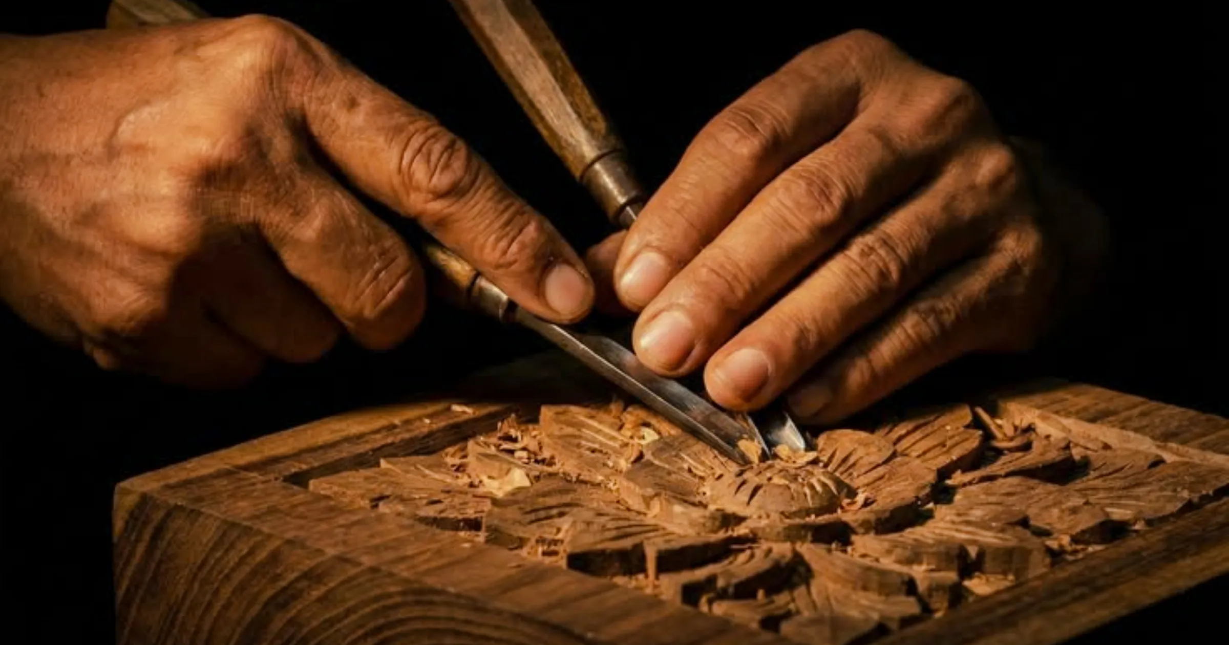 Hands carving intricate wood design at a workshop in Al Haouz, Marrakesh.