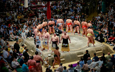 Sumo wrestlers in a ring during the Fukuoka Grand Sumo Tournament with spectators watching.