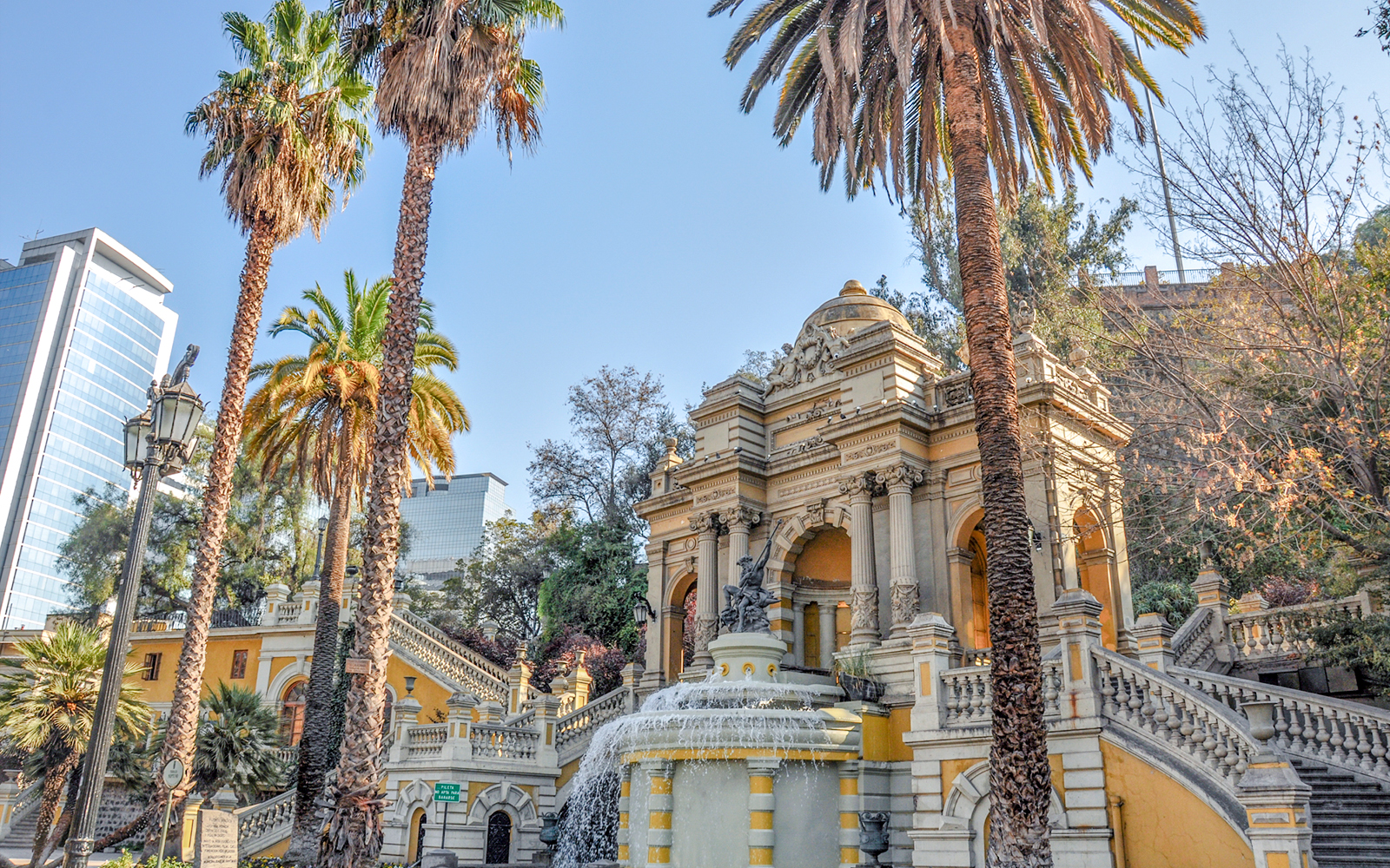 Santa Lucía Hill fountain and architecture on Santiago Hop-on Hop-off tour.