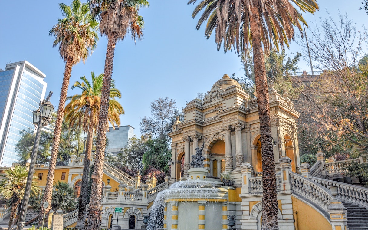 Santa Lucía Hill fountain and architecture on Santiago Hop-on Hop-off tour.