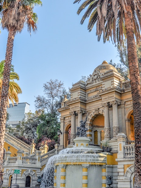 Santa Lucía Hill fountain and architecture on Santiago Hop-on Hop-off tour.