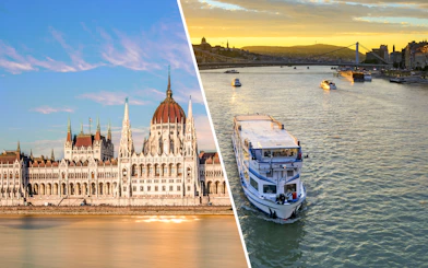 Hungarian Parliament and Danube River cruise boat at sunset in Budapest.
