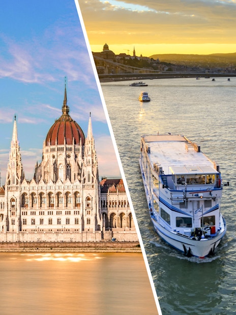 Hungarian Parliament and Danube River cruise boat at sunset in Budapest.