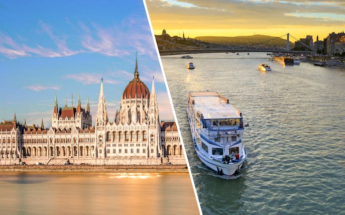 Hungarian Parliament and Danube River cruise boat at sunset in Budapest.