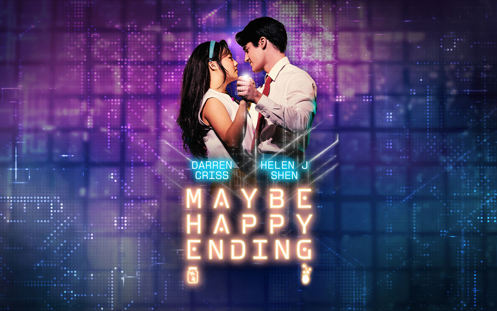 Couple dancing with 'Maybe Happy Ending' Broadway show title in neon lights.