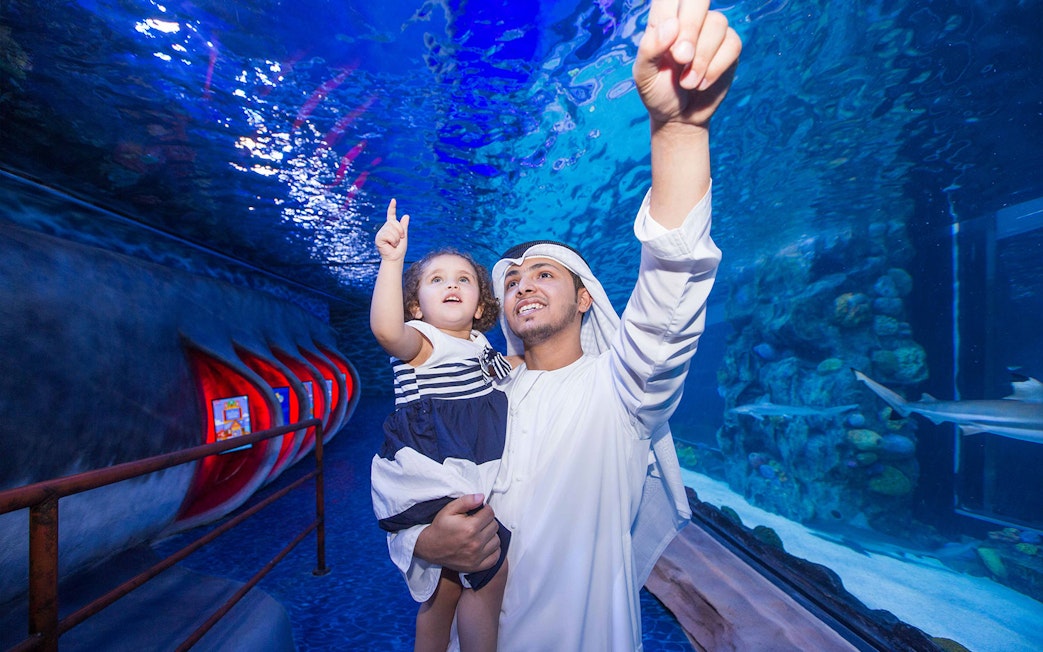 Father and child pointing at marine life in Dubai Aquarium tunnel.
