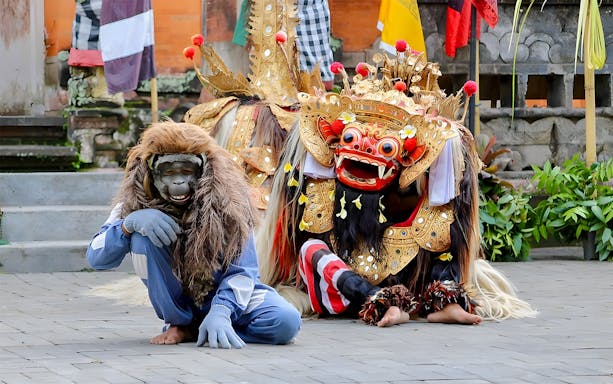 Balinese Barong and Rangda performers in traditional costumes during a private tour of Ubud.
