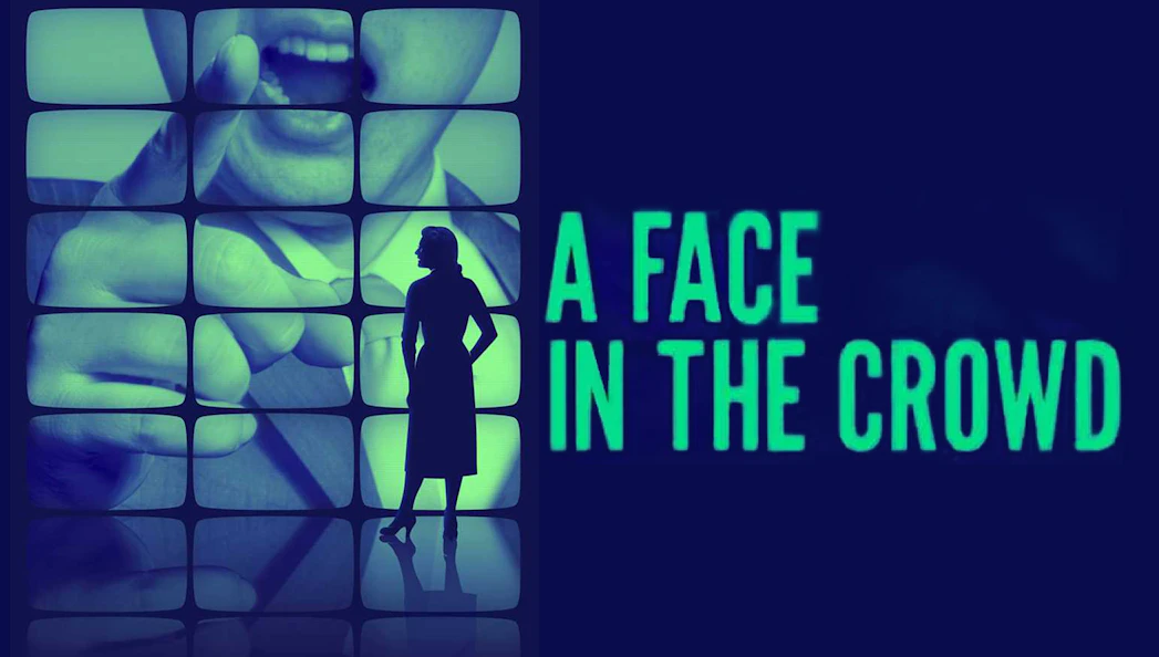 Silhouette of a person in front of a large screen with "A Face in the Crowd" text.