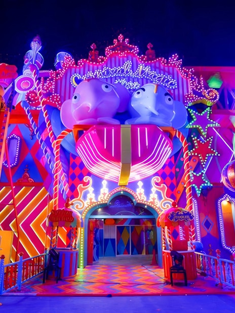 Carnival Magic entrance with vibrant lights and decorations in Phuket.