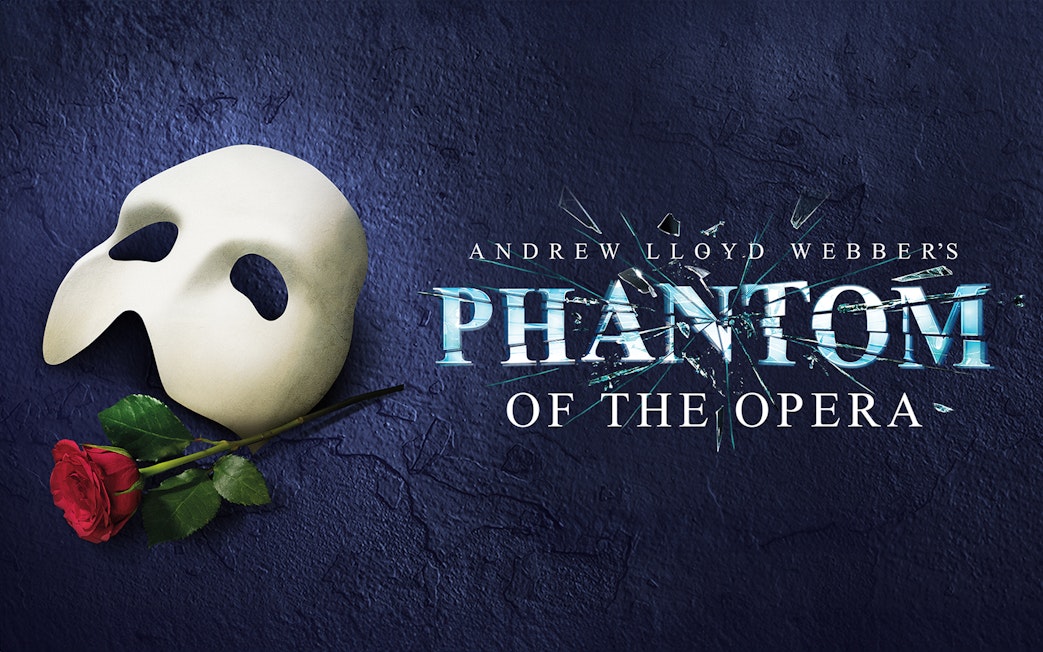 Phantom of the Opera London poster with mask and red rose.