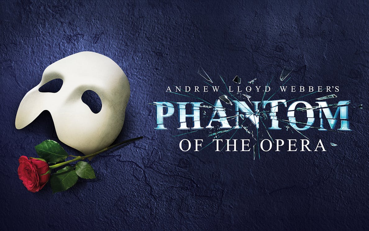 Phantom of the Opera London poster with mask and red rose.