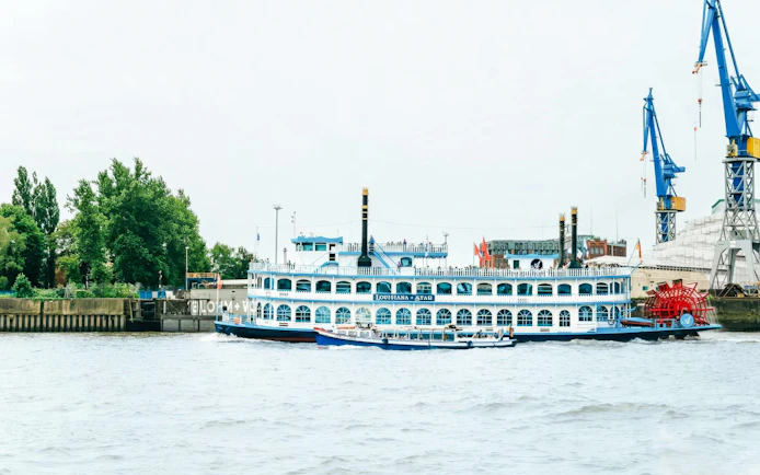 Cruise ship sailing along the Hamburg port with cranes and greenery in the background.