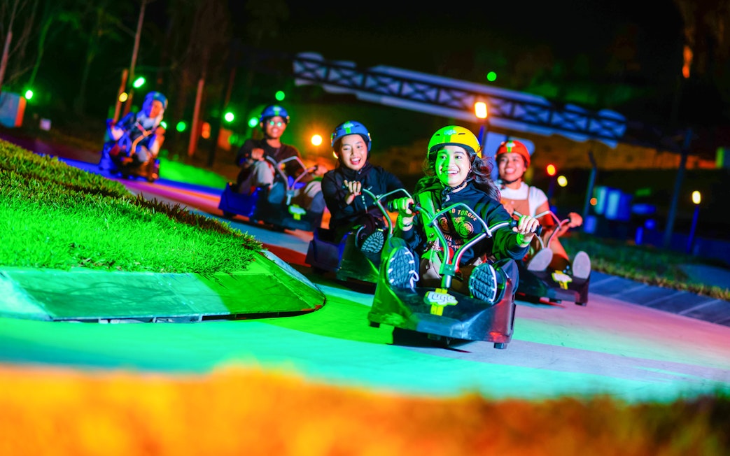 People enjoying a night ride on Skyline Luge track.