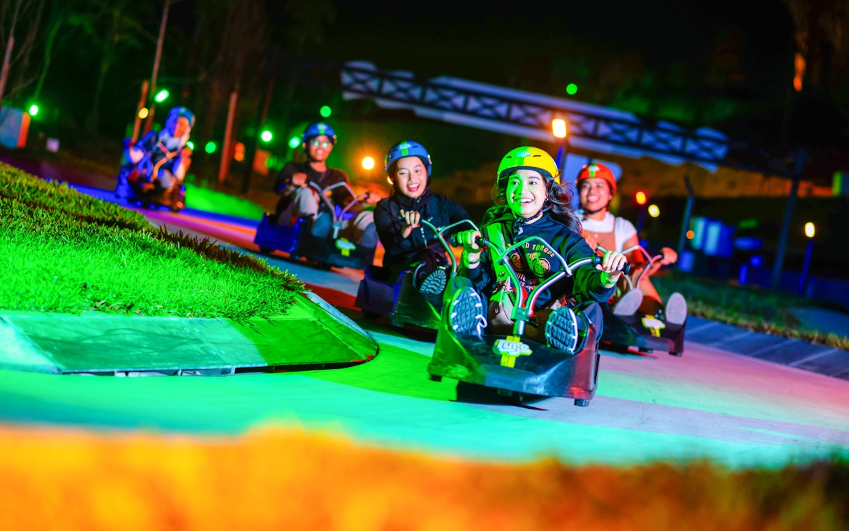 People enjoying a night ride on Skyline Luge track.