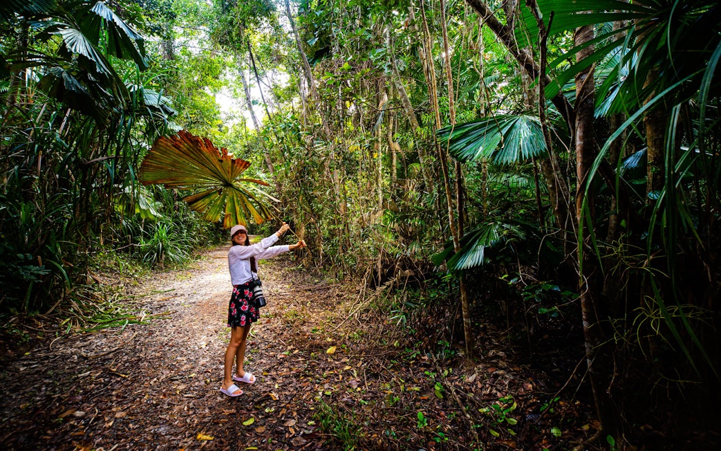 Long-haired girl under fan palms in Daintree Rainforest, Australia.