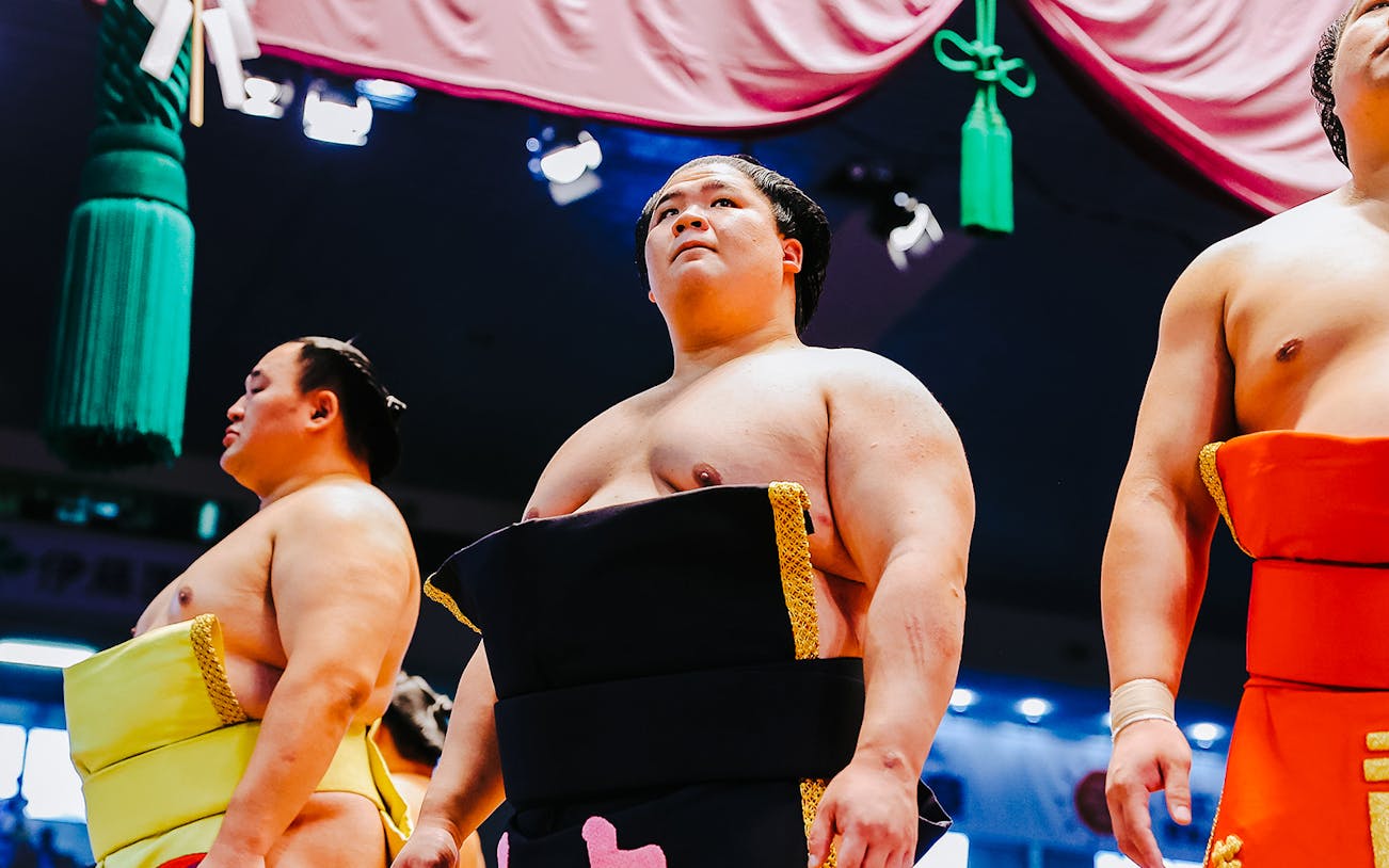 Sumo wrestlers in traditional attire at Kyushu Fukuoka Prefecture 2023 Grand Sumo November event.