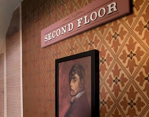 Second floor sign and portrait at Jack the Ripper Museum, London.