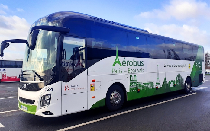 Aerobus parked at Paris Beauvais Airport for transfer to Saint-Denis University.