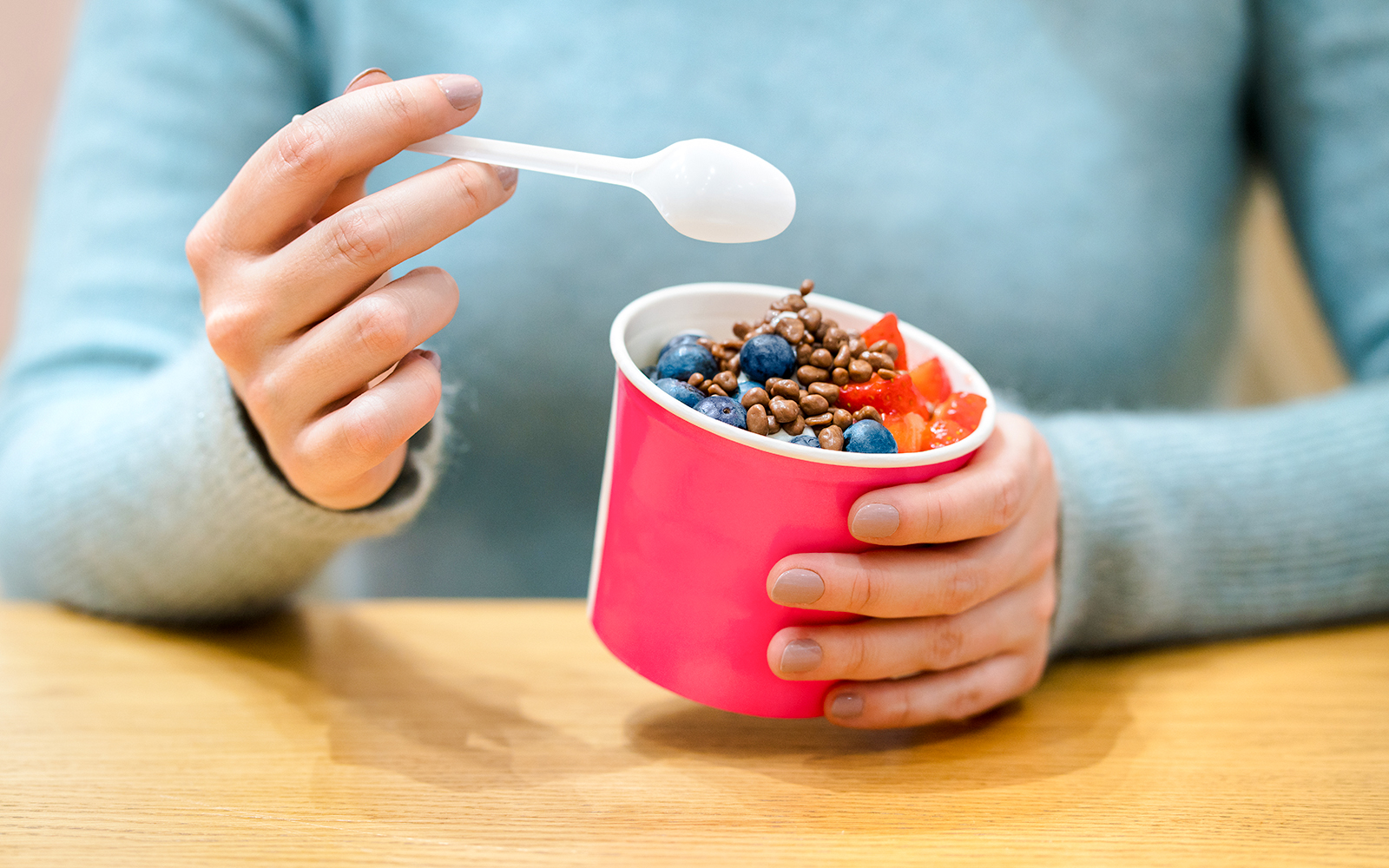 Frozen yogurt with berries and chocolate at Iogurteria Tibidabo Park restaurant.
