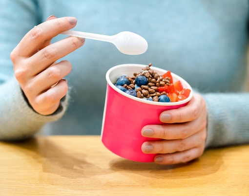 Frozen yogurt with berries and chocolate at Iogurteria Tibidabo Park restaurant.