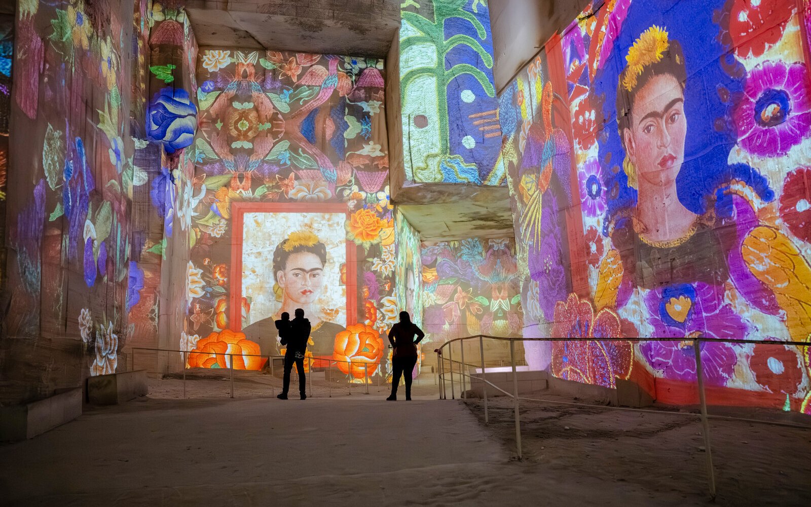 Frida Kahlo artwork projections at Carrières des Lumières exhibit.