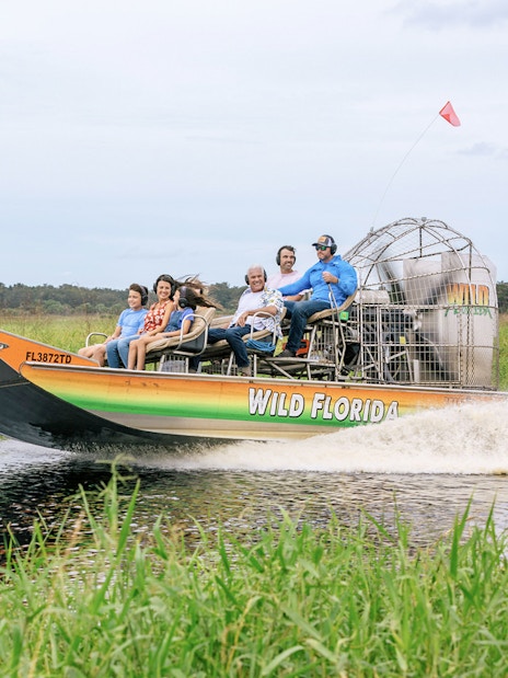 Guests on an airboat tour in the Everglades, Florida.