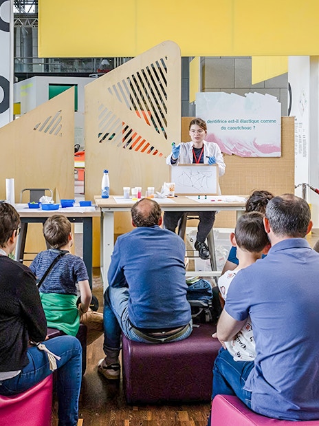 Audience attending a science demonstration at Cité des Sciences et de l'Industrie, Paris.