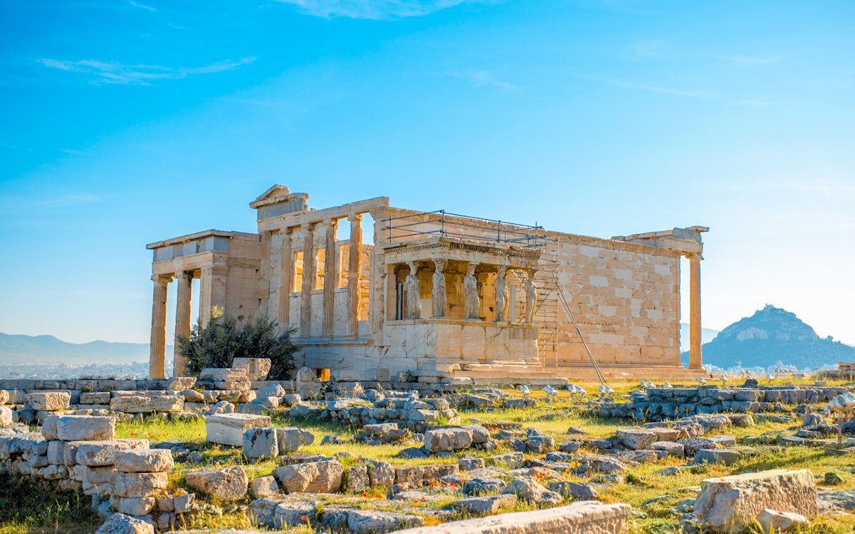 Erechtheion temple on the Acropolis of Athens during early access guided tour.