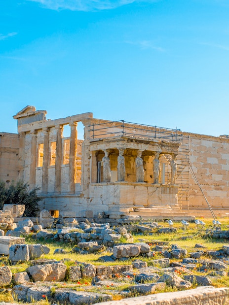 Erechtheion temple on the Acropolis of Athens during early access guided tour.