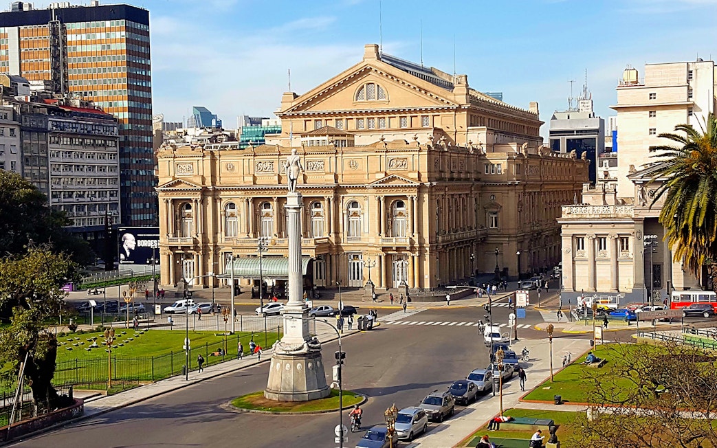 Teatro Colón and Plaza Lavalle viewed from the Palace of Justice, Buenos Aires, Argentina.