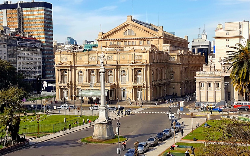 Teatro Colón and Plaza Lavalle viewed from the Palace of Justice, Buenos Aires, Argentina.