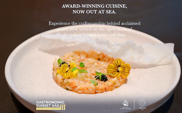 Gourmet dish served on The Royal Albatross dinner cruise in Singapore.